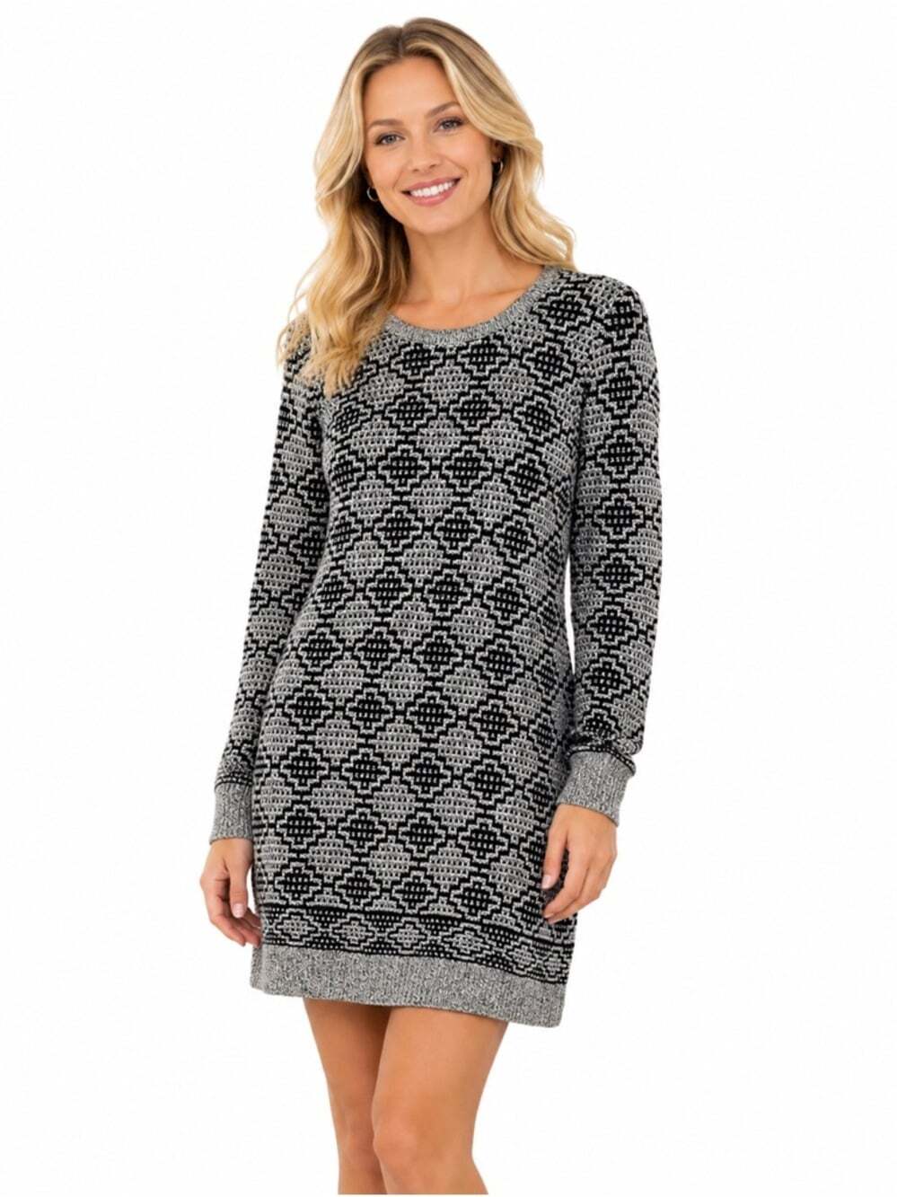 Roots Black White Patterned Knit Sweater Dress Women Medium Cozycore